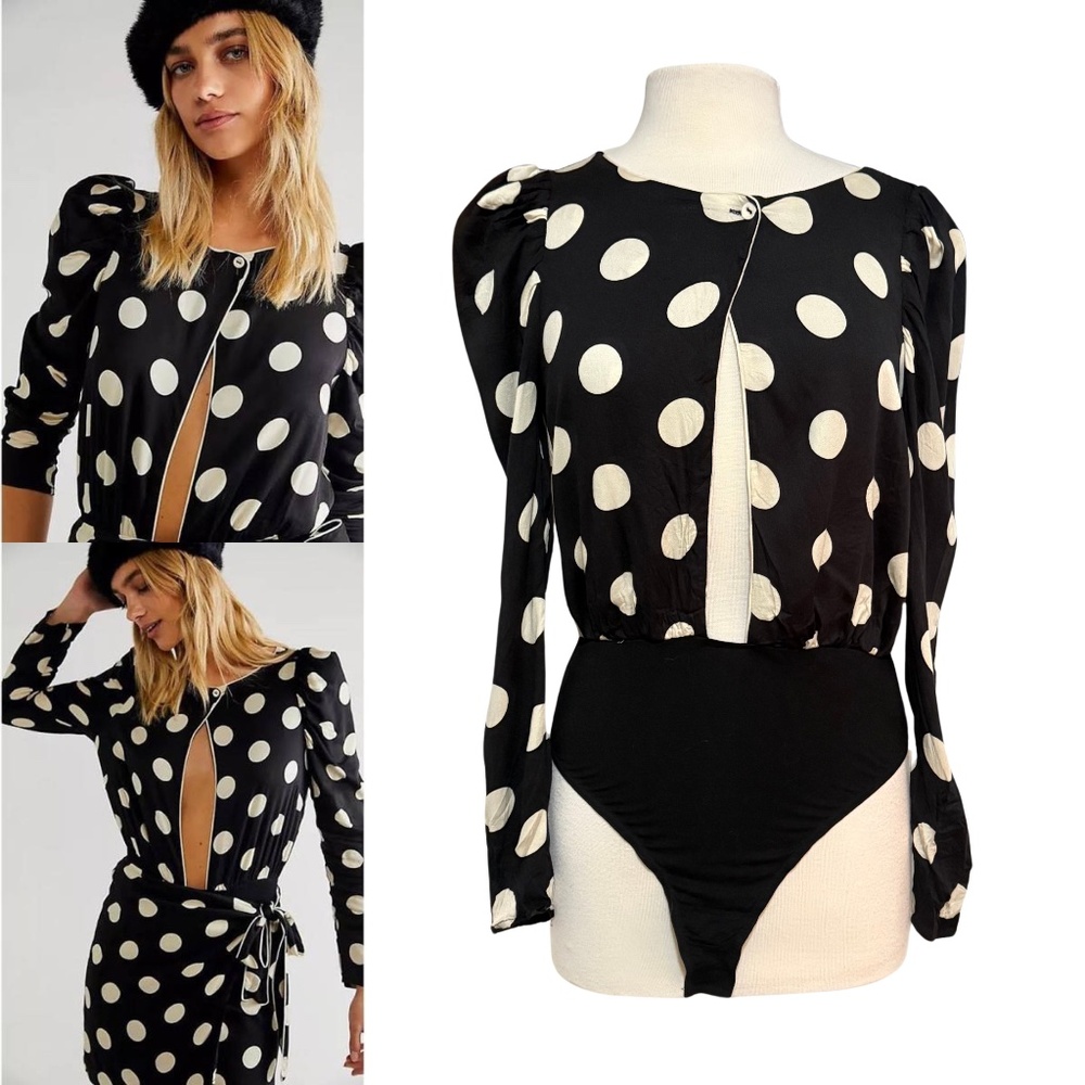 FREE PEOPLE Sz M Bodysuit Black Ivory Polka Dot Long Sleeve Keyhole Front Thong